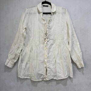 Paper Lace Shirt Womens Small White Linen Button Front Long Sleeve Ruffle Top